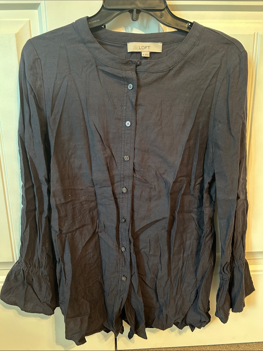 LOFT Navy Button-Front Ruffle Hem and Sleeve Top